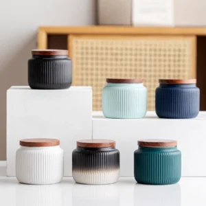 vertical ribbed ceramic tea canister with wooden lid for loose leaf tea storage