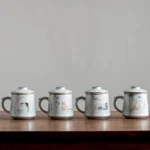 cute cat print ceramic tea mug with infuser lid and drip tray 12.8oz