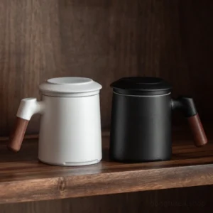 ceramic black white tea infuser mug with wood handle 14.2oz loose leaf tea mug