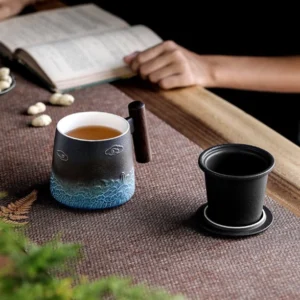 handcrafted ceramic tea infuser mug with lid wave cloud pattern full product view