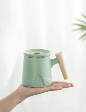 10.1oz ceramic tea mug with infuser lid and wood handle full product view