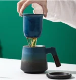 ceramic tea mug with infuser and lid 14.1oz wooden handle