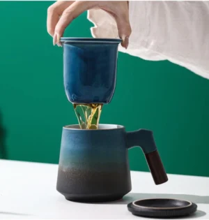 ceramic tea mug with infuser and lid 14.1oz wooden handle