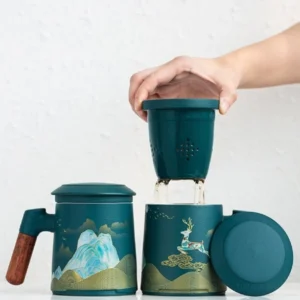 ceramic tea mug with infuser and lid matte finish wood handle overall view