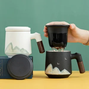 full collection of 13.5oz ceramic tea mugs with infuser and wood handle chinese landscape design