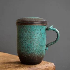 15.2oz ceramic tea mug with infuser and lid, retro crackle glaze full product view