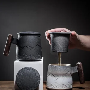 ceramic tea mug with infuser lid and wood handle main product view