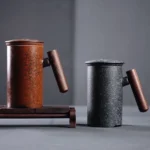 ceramic tea mug with infuser and lid with wooden handle brown variant