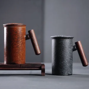ceramic tea mug with infuser and lid with wooden handle brown variant