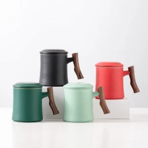 12.8oz ceramic tea mug with infuser lid and natural wooden handle full product view