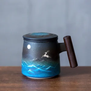 14.5oz ceramic tea mug with infuser and lid moon deer pattern
