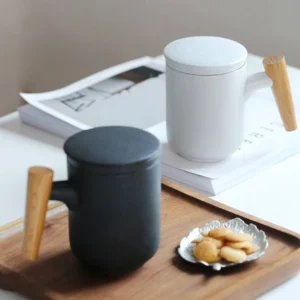 ceramic tea mug with infuser and wooden handle main product view