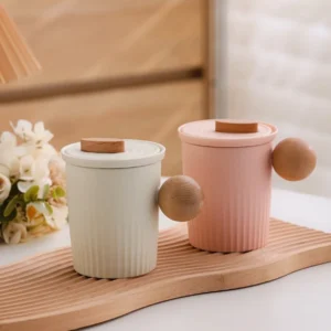 ceramic tea mug with infuser and wood handle main product view