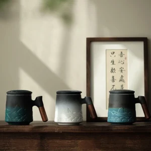 full product view of ceramic tea mug with strainer lid and wood handle