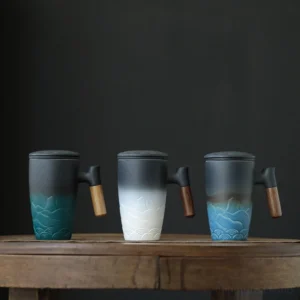new chinese style ceramic tea mug with strainer 11.8oz mountain wave relief
