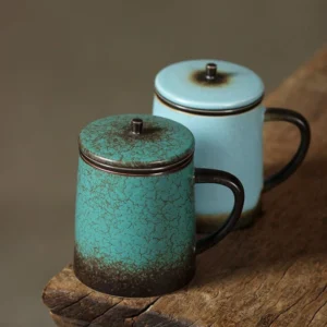 ceramic tea mug with strainer and lid crackle glaze retro design