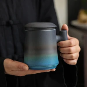 ceramic tea mug with strainer and wooden handle 14.1oz matte finish