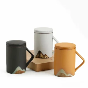 ceramic tea mug with strainer lid 9.9oz matte mountain pattern front view