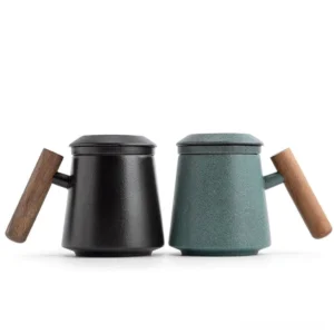 ceramic tea mug with tea strainer and wooden handle full product view