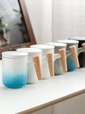 ceramic tea mug with wooden handle and ceramic infuser 11.8oz