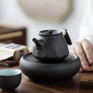 handmade chinese black clay teapot with rope wrapped handle for one two person use
