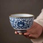 hand-painted chinese blue and white porcelain chawan tea cup front view
