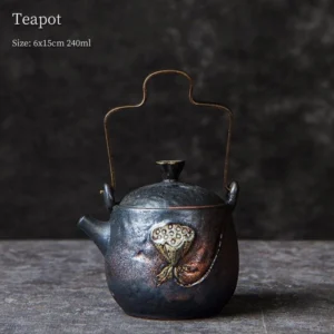 handmade vintage chinese ceramic lotus teapot with copper handle full view