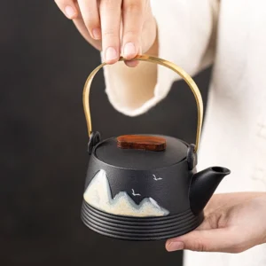 hand painted mountain landscape chinese ceramic teapot black matte with gold handle
