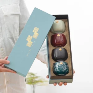full set of four multicolor chinese ceramic tea cups in gift box