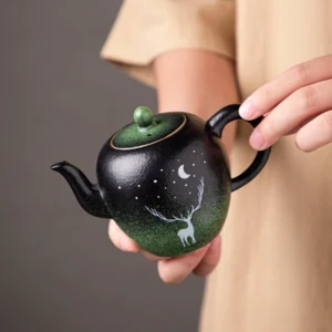 hand-painted chinese ceramic teapot with deer moon and night sky gradient 7oz