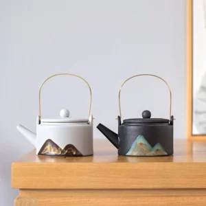 hand-painted mountain pattern chinese ceramic teapot with gold metal handle 7.4oz