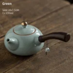 Chinese teapot with green ice crack ceramic body and wooden side handle