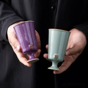 Handmade Chinese high feet ceramic tea cup overall view