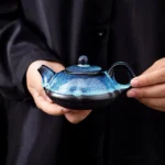 Handcrafted Chinese Jian Zhan teapot with blue black hare fur glaze full view