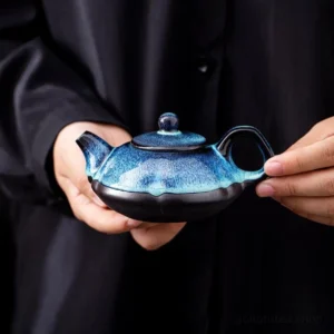 Handcrafted Chinese Jian Zhan teapot with blue black hare fur glaze full view