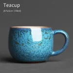 Handmade Chinese Jun Kiln starry blue ceramic tea cup with handle, full product view