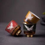 hand painted red crane chinese tea cup with copper bottom