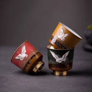 hand painted red crane chinese tea cup with copper bottom