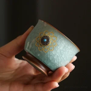 Handcrafted Chinese Ru Kiln spinnable lotus chawan tea cup full product view
