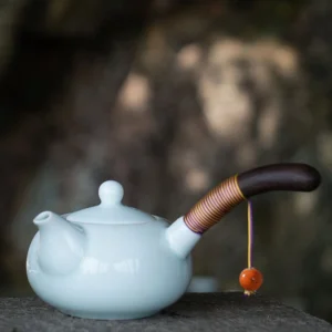 handcrafted chinese side handle teapot light blue ceramic with wood grip 7.6oz full view