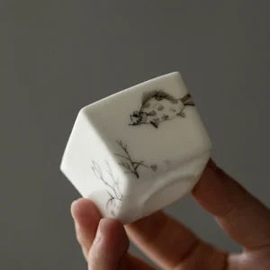 hand drawn fish ink wash pattern square chinese tea cup ceramic gongfu teacup side view
