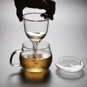 chinese teapot hammered glass tea infuser mug full product view with lid