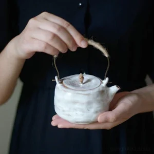 handcrafted chinese wabi-sabi ceramic teapot 8.8oz with hemp rope metal handle
