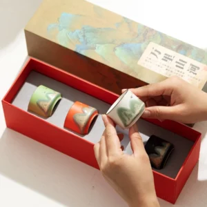 full set view of chinese wanli mountains ceramic chinese tea cup set of 4 in gift box