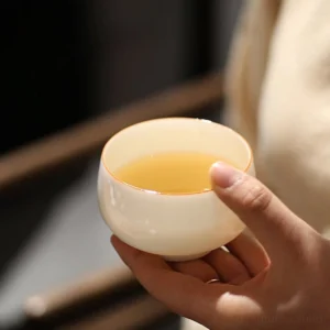 authentic chinese white porcelain tea cup 4oz with orange rim detail