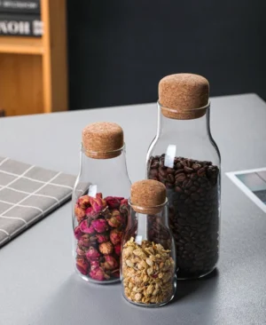 clear glass tea canister with natural cork lid main product view