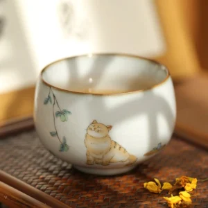 collection of hand painted ceramic cat chawan tea cups 4oz open crackle glaze