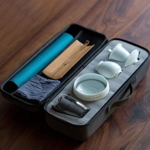 complete all-in-one white porcelain travel tea set with carrying case full view