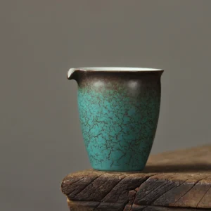 Handmade crackle glaze ceramic Gong Dao Bei Chinese tea pitcher 8.8oz, teal blue with brown crackle