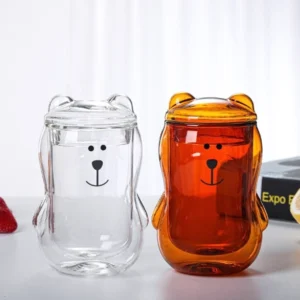 cute bear double wall glass tea infuser mug with glass lid